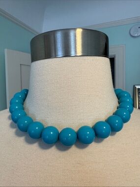 Turquoise Chunky Bead Statement Necklace Ribbon Closure